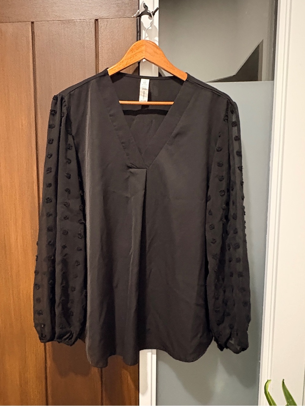 Black Swiss Dot Sheer Lantern Long Sleeve V-Neck Blouse Top by B 2XL